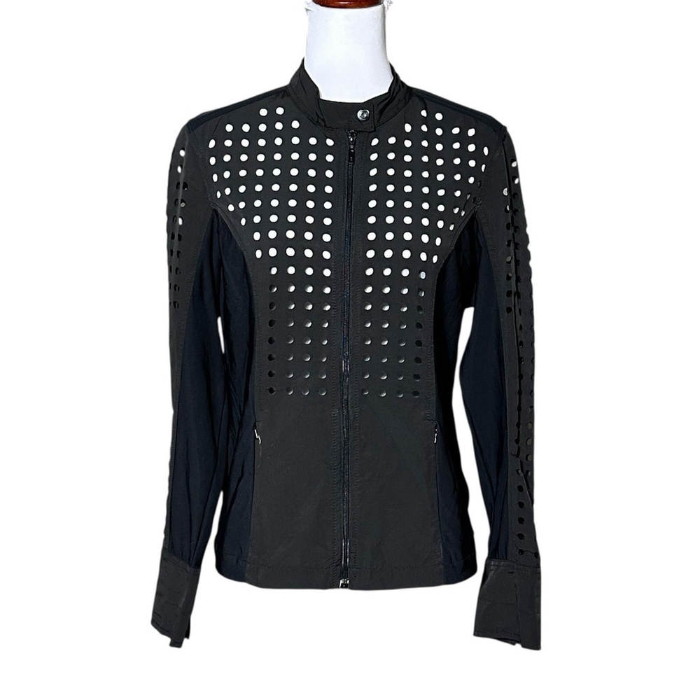Anatomie L Black Perforated Nylon Full DBL Zip Moto Jacket Pockets Lightweight